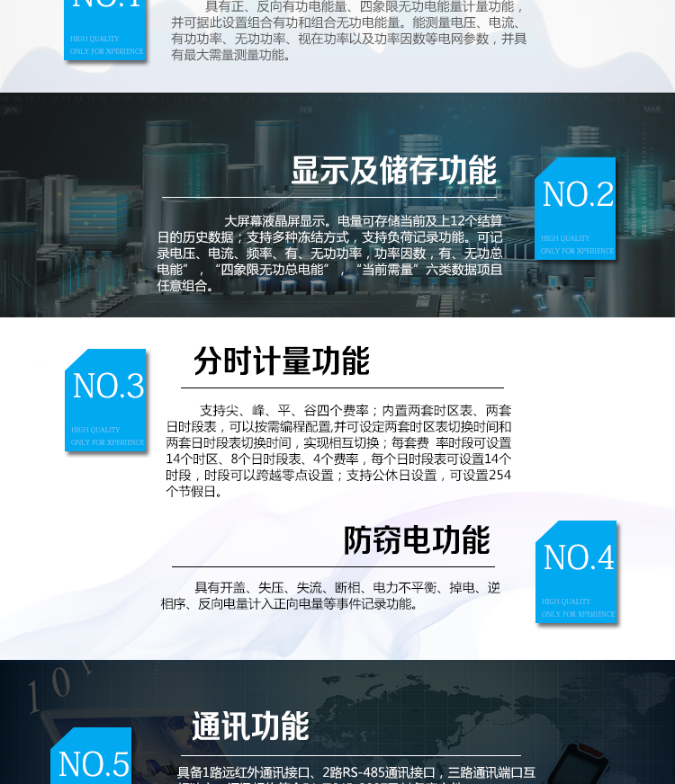 海興DTSD208三相四線電能表主要功能
　　計(jì)量功能
　　具有正、反向有功電能量、四象限無(wú)功電能量計(jì)量功能，并可據(jù)此設(shè)置組合有功和組合無(wú)功電能量
　　分時(shí)計(jì)量功能
　　支持尖、峰、平、谷四個(gè)費(fèi)率;內(nèi)置兩套時(shí)區(qū)表、兩套日時(shí)段表，可以按需編程配置,并可設(shè)定兩套時(shí)區(qū)表切換時(shí)間和兩套日時(shí)段表切換時(shí)間，實(shí)現(xiàn)相互切換;每套費(fèi)率時(shí)段可設(shè)置14個(gè)時(shí)區(qū)、8個(gè)日時(shí)段表、4個(gè)費(fèi)率(尖、峰、平、谷)，每個(gè)日時(shí)段表可設(shè)置14個(gè)時(shí)段，時(shí)段可以跨越零點(diǎn)設(shè)置;支持公休日設(shè)置，可設(shè)置254個(gè)節(jié)假日。
　　測(cè)量功能
　　能測(cè)量電壓、電流、有功功率、無(wú)功功率、視在功率以及功率因數(shù)等電網(wǎng)參數(shù)，并具有最大需量測(cè)量功能。測(cè)量準(zhǔn)確度高，可提供0.5S級(jí)、1.0級(jí)等不同計(jì)量精度供選擇。
　　數(shù)據(jù)存儲(chǔ)功能
　　電量可存儲(chǔ)當(dāng)前及上12個(gè)結(jié)算日的歷史數(shù)據(jù);支持多種凍結(jié)方式，包括：日凍結(jié)、整點(diǎn)凍結(jié)、定時(shí)凍結(jié)、瞬時(shí)凍結(jié)、約定凍結(jié)。支持負(fù)荷記錄功能。可記錄“電壓、電流、頻率”，“有、無(wú)功功率”，“功率因數(shù)”，“有、無(wú)功總電能”，“四象限無(wú)功總電能”，“當(dāng)前需量”六類數(shù)據(jù)項(xiàng)且任意組合。負(fù)荷記錄間隔時(shí)間可以在1min～ 60min范圍內(nèi)設(shè)置。
　　事件記錄功能
　　分別記錄最近10次失壓、全失壓、斷相、失流、電壓逆相序、潮流反向、需量清零、編程、校時(shí)、開(kāi)表蓋、停電、電量清零。
　　通信功能
　　具備1路遠(yuǎn)紅外通訊接口、2路RS-485通訊接口，三路通訊端口互相獨(dú)立。通訊規(guī)約符合DL/T645-2007及其備案文件。
　　電源管理
　　輔助電源供電電壓為(100～240)V交、直流自適應(yīng)。輔助電源可設(shè)置為PT供電方式優(yōu)先或輔助電源供電方式優(yōu)先。
　　用戶交互界面
　　采用大屏幕液晶顯示，提供豐富的圖形或文字提示信息;顯示內(nèi)容可通過(guò)按鍵循環(huán)查詢，顯示項(xiàng)目可通過(guò)通信口按需配置;提供液晶背光，方便查看。支持停電喚醒功能，能通過(guò)按鍵或非接觸方式喚醒電能表，實(shí)現(xiàn)屏幕顯示抄讀電量和紅外通信口抄讀電量等數(shù)據(jù)。