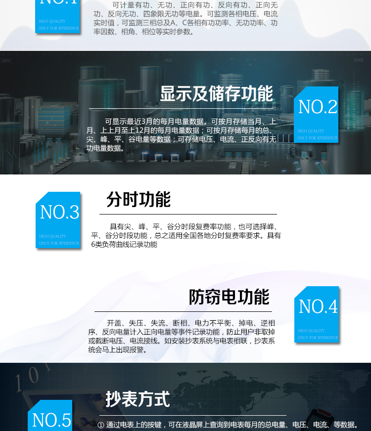 杭州百富華隆DSSD532三相三線電子式多功能電能表產(chǎn)品功能
　　電能計量功能
　　計量參數(shù)：可計量有功、無功、正向有功、反向有功、正向無功、反向無功、四象限無功等電量。
　　監(jiān)測參數(shù)：可監(jiān)測各相電壓、電流實時值，可監(jiān)測三相總及A、C各相有功功率、無功功率、功率因數(shù)、相角、相位等實時參數(shù)。
　　分時功能：具有尖、峰、平、谷分時段復費率功能，也可選擇峰、平、谷分時段功能，總之適用全國各地分時復費率要求。
　　數(shù)據(jù)存儲：可按月存儲當月、上月、上上月至上12月的每月電量數(shù)據(jù);可按月存儲每月的總、尖、峰、平、谷電量等數(shù)據(jù);可存儲電壓、電流、正反向有無功電量數(shù)據(jù)。
　　具有6類負荷曲線記錄功能。
　　顯示功能：可顯示最近3月的每月電量數(shù)據(jù)。
　　防竊電功能
　　開蓋記錄功能，防止非法更改電路。
　　電壓合格率、失壓記錄功能，防止用戶非法取掉或截斷電壓接線，如已發(fā)生，可通過記錄的時間核算所損失的電量，為追補電量提供依據(jù)。
　　失流、斷相記錄功能，防止用戶非法短接電流接線，如已發(fā)生，可通過記錄的時間核算所損失的電量，為追補電量提供依據(jù)。
　　電流不平衡記錄：可警惕用戶在電表接線的前端截取電量。
　　掉電記錄功能，防止用戶非法取下電表的工作電源，如已發(fā)生，可通過記錄的時間核算所損失的電量，為追補電量提供依據(jù)。
　　反向電量計入正向電量，用戶如將電流線接反，電表照樣正向走字，不具有竊電作用。
　　逆相序報警，用戶非法接線，電表會報警，除非把線接正確，否則一直報警。
　　以上情況如發(fā)出，電表會出現(xiàn)報警標志，如安裝抄表系統(tǒng)與電表相聯(lián)，抄表系統(tǒng)會馬上出現(xiàn)報警。