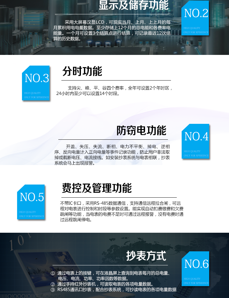 華立DDZY285-J電能表主要功能
　　電能計(jì)量功能
　　計(jì)量參數(shù)：具有正、反向組合有功電能的計(jì)量功能，組合有功電能可由正反向有功電能進(jìn)行選擇性組合。
　　測(cè)量功能：能測(cè)量電壓、電流(包含零線(xiàn))，有功功率以及功率因數(shù)等電網(wǎng)參數(shù)。
　　分時(shí)功能：支持尖、峰、平、谷四個(gè)費(fèi)率，全年可設(shè)置2個(gè)年時(shí)區(qū)，24小時(shí)內(nèi)至少可以設(shè)置14個(gè)時(shí)段。
　　數(shù)據(jù)存儲(chǔ)：至少存儲(chǔ)上12個(gè)月的總電能和各費(fèi)率電能量。一個(gè)月可設(shè)置3個(gè)結(jié)算點(diǎn)進(jìn)行結(jié)算，可記錄最近12次結(jié)算的歷史數(shù)據(jù)。
　　顯示功能：采用大屏幕漢顯LCD，可現(xiàn)實(shí)當(dāng)月、上月、上上月的每月累積用電電量數(shù)據(jù)。
　　防竊電功能
　　開(kāi)蓋記錄功能，記錄開(kāi)表蓋總次數(shù)，防止非法更改電路。
　　反向電量計(jì)入正向電量，用戶(hù)如將電流線(xiàn)接反，不具有竊電作用，電表照樣正向走字
　　具有記錄編程、掉電、校時(shí)、跳閘等事件發(fā)生的時(shí)刻以及事件發(fā)生時(shí)電能表狀態(tài)，防止用戶(hù)更改電表數(shù)據(jù)。
　　具有凍結(jié)和報(bào)警功能。
　　以上情況如發(fā)出，電表會(huì)出現(xiàn)報(bào)警標(biāo)志，如安裝抄表系統(tǒng)與電表相聯(lián)，抄表系統(tǒng)會(huì)馬上出現(xiàn)報(bào)警。
　　費(fèi)控功能
　　電表不帶IC卡口，采用RS-485和無(wú)線(xiàn)進(jìn)行數(shù)據(jù)通信，支持通信遠(yuǎn)程拉合閘。
　　費(fèi)控管理功能
　　可通過(guò)遠(yuǎn)程對(duì)電能表進(jìn)行遠(yuǎn)程拉、合閘控制和時(shí)段等參數(shù)設(shè)置，進(jìn)而對(duì)用戶(hù)的用電實(shí)施遠(yuǎn)程管理。
　　能實(shí)現(xiàn)自動(dòng)扣費(fèi)繳費(fèi)的功能和欠費(fèi)跳閘等功能，當(dāng)電表的電費(fèi)不足時(shí)可以通過(guò)遠(yuǎn)程報(bào)警，沒(méi)有電費(fèi)時(shí)通過(guò)遠(yuǎn)程跳閘停電，操作管理十分方便。
　　抄表方式
　　通過(guò)電表上的按鍵，可在液晶屏上查詢(xún)到電表每月的總電量、電壓、電流、功率、功率因數(shù)等數(shù)據(jù)。
　　通過(guò)手持紅外抄表機(jī)，可讀取電表的各項(xiàng)電量數(shù)據(jù)。
　　RS485通訊口抄表，配合抄表系統(tǒng)，可抄讀電表的各項(xiàng)電量數(shù)據(jù)。并支持DL/T645-2007多功能電能表通訊規(guī)約。