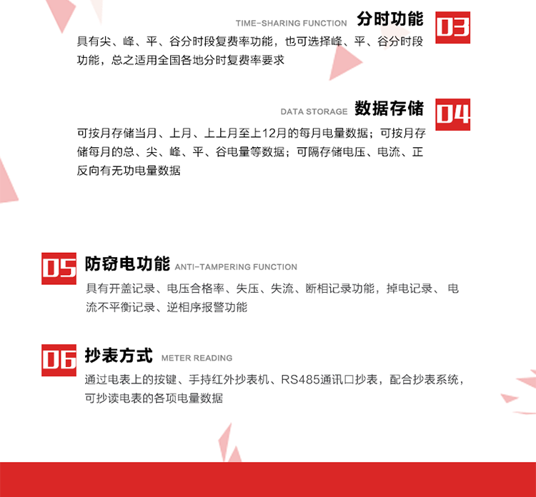 主要功能
分時計量功能，即可按相應的時段分別累計、存儲總、尖、峰、平、谷有功電能、無功電能； 分別計量正反向有功、無功A、B、C三相電能，可存儲月凍結電量12個月。
需量選用滑差式，可以設置最大需量計量周期及滑差步進時間。需量周期可在5、10、15、30、60分鐘中選取，滑差時間可在1、2、3、5分鐘中選取，需量周期為滑差時間的整整5倍及以上。電能表在出廠時設定的需量周期默認值15分鐘，滑差時間1分鐘。
通過數據采集RS485接口按設定的電能表抄表日或定時采集時間間隔(默認15分鐘)凍結、采集、存儲計量表計的數據。
計算每月電壓合格率，統(tǒng)計每月A、B、C各相運行時間、電壓超上限時間、低于下限時間，記錄數據存貯3個月。計算每月供電可靠率，數據能存貯3個月。計算每月功率因數合格率，數據能存貯3個月。
三相中任一相或兩相失壓，電能表均應正常工作，并分相記錄累計失壓時間，同時記錄各相電壓最近10次失壓發(fā)生時刻和結束時刻。三相電壓分相指示，并能在電能表液晶顯示屏上直接顯示有否失壓情況。分相按次記錄停電起止時間，精確到分鐘。
電能表能分相記錄累計失流時間，同時記錄各相電流最近10次失流發(fā)生時刻和結束時刻。
按時間發(fā)生的先后順序記錄最近10次的編程時間、電量復零記錄、最大需量復零時間、廣播校時時間、掉電時間和上電時間。
能判斷多功能電能表內部故障、異常情況并顯示符號或出錯信息碼，出錯信息碼可通過RS485接口或通信模塊實現遠傳。
具有可編程、抄讀數據、實現自動需量復位和參數更新的吸附式光電通信接口及紅外通訊功能。具有電氣隔離的標準RS485數據通信接口，能實現本地或遠程數據信息采集和交換。
多功能電能表和數據采集儀的遠程通訊協(xié)議可升級為全省統(tǒng)一標準通訊協(xié)議。 