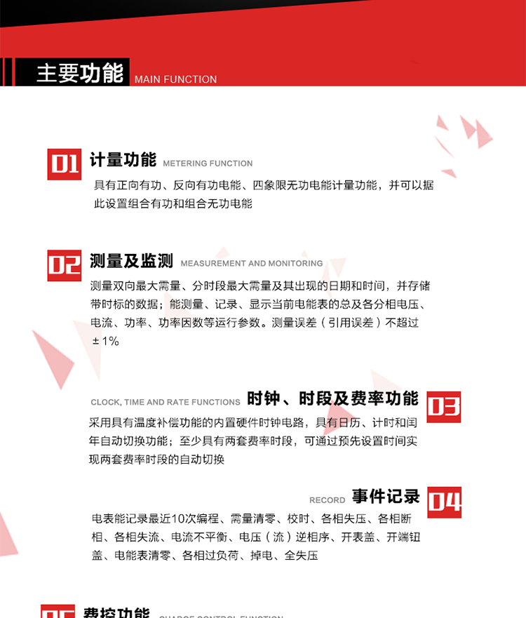 主要功能
1. 電能計(jì)量
具有正向有功、反向有功電能、四象限無(wú)功電能計(jì)量功能，并可以據(jù)此設(shè)置組合有功和組合無(wú)功電能。
2. 需量計(jì)量
測(cè)量雙向最大需量、分時(shí)段最大需量及其出現(xiàn)的日期和時(shí)間，并存儲(chǔ)帶時(shí)標(biāo)的數(shù)據(jù)。
3. 測(cè)量及監(jiān)測(cè)
能測(cè)量、記錄、顯示當(dāng)前電能表的總及各分相電壓、電流、功率、功率因數(shù)等運(yùn)行參數(shù)。測(cè)量誤差（引用誤差）不超過(guò)±1%。
4. 時(shí)鐘、時(shí)段及費(fèi)率功能
采用具有溫度補(bǔ)償功能的內(nèi)置硬件時(shí)鐘電路，具有日歷、計(jì)時(shí)和閏年自動(dòng)切換功能。內(nèi)部時(shí)鐘端子輸出頻率為1Hz。至少具有兩套費(fèi)率時(shí)段，可通過(guò)預(yù)先設(shè)置時(shí)間實(shí)現(xiàn)兩套費(fèi)率時(shí)段的自動(dòng)切換。每套費(fèi)率時(shí)段全年至少可設(shè)置2個(gè)時(shí)區(qū)，24小時(shí)內(nèi)至少可以設(shè)置8個(gè)時(shí)段，時(shí)段最小間隔為15分鐘，并且時(shí)段間隔大于表內(nèi)設(shè)定的需量周期值，時(shí)段可跨越零點(diǎn)設(shè)置。
5. 費(fèi)控功能 
電能表費(fèi)控功能的實(shí)現(xiàn)方式通過(guò)CPU卡等固態(tài)介質(zhì)實(shí)現(xiàn)。具有兩套階梯電價(jià)計(jì)費(fèi)方式，并可在設(shè)置時(shí)間點(diǎn)啟用另一套階梯電價(jià)計(jì)費(fèi)。
6. 無(wú)線通信
通過(guò)無(wú)線通信與主站通信。支持在安全認(rèn)證前提下，通過(guò)無(wú)線網(wǎng)絡(luò)信道修改費(fèi)率時(shí)段表及電價(jià)。
7. 事件記錄
電表能記錄最近10次編程、需量清零、校時(shí)、各相失壓、各相斷相、各相失流、電流不平衡、電壓（流）逆相序、開(kāi)表蓋、開(kāi)端鈕蓋、電能表清零、各相過(guò)負(fù)荷、掉電、全失壓。
8. 凍結(jié)
具有定時(shí)凍結(jié)、瞬時(shí)凍結(jié)、約定凍結(jié)和日凍結(jié)功能。
9.　負(fù)荷記錄
記錄正反向有功總電能、無(wú)功總電能、四象限無(wú)功總電能、組合有功、組合無(wú)功1、組合無(wú)功2，負(fù)荷記錄間隔時(shí)間可以在1～60min范圍內(nèi)設(shè)置，時(shí)間間隔為1min的情況下可記錄不少于40天的數(shù)據(jù)容量。
10. 停電抄表
在停電狀態(tài)下，能通過(guò)按鍵或非接觸方式喚醒電能表，抄讀電能量等數(shù)據(jù)。
11. 擴(kuò)展功能
計(jì)量視在電能、諧波電壓、電流、電量的監(jiān)測(cè)、電能質(zhì)量監(jiān)測(cè)和計(jì)算鐵損、銅損。 