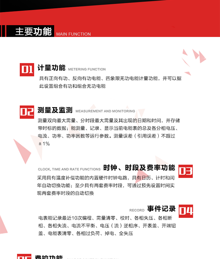 主要功能
1. 　電能計量
具有正向有功、反向有功電能、四象限無功電能計量功能，并可以據(jù)此設置組合有功和組合無功電能。
2. 　需量計量
測量雙向最大需量、分時段最大需量及其出現(xiàn)的日期和時間，并存儲帶時標的數(shù)據(jù)。
3. 　測量及監(jiān)測
能測量、記錄、顯示當前電能表的總及各分相電壓、電流、功率、功率因數(shù)等運行參數(shù)。測量誤差（引用誤差）不超過±1%。
4. 　時鐘、時段及費率功能
采用具有溫度補償功能的內置硬件時鐘電路，具有日歷、計時和閏年自動切換功能。內部時鐘端子輸出頻率為1Hz。至少具有兩套費率時段，可通過預先設置時間實現(xiàn)兩套費率時段的自動切換。每套費率時段全年至少可設置2個時區(qū)，24小時內至少可以設置8個時段，時段最小間隔為15分鐘，并且時段間隔大于表內設定的需量周期值，時段可跨越零點設置。
5. 　費控功能 
電能表費控功能的實現(xiàn)方式通過公網等虛擬介質和遠程售電系統(tǒng)實現(xiàn)。
6. 　無線通信
通過無線通信與主站通信。支持在安全認證前提下，通過無線網絡信道修改費率時段表及電價。
7. 　事件記錄
電表能記錄最近10次編程、需量清零、校時、各相失壓、各相斷相、各相失流、電流不平衡、電壓（流）逆相序、開表蓋、開端鈕蓋、電能表清零、各相過負荷、掉電、全失壓。
8. 　凍結
具有定時凍結、瞬時凍結、約定凍結和日凍結功能。
9.　 負荷記錄
記錄正反向有功總電能、無功總電能、四象限無功總電能、組合有功、組合無功1、組合無功2，負荷記錄間隔時間可以在1～60min范圍內設置，時間間隔為1min的情況下可記錄不少于40天的數(shù)據(jù)容量。
10. 　停電抄表
在停電狀態(tài)下，能通過按鍵或非接觸方式喚醒電能表，抄讀電能量等數(shù)據(jù)。
11. 擴展功能
計量視在電能、諧波電壓、電流、電量的監(jiān)測、電能質量監(jiān)測和計算鐵損、銅損。 