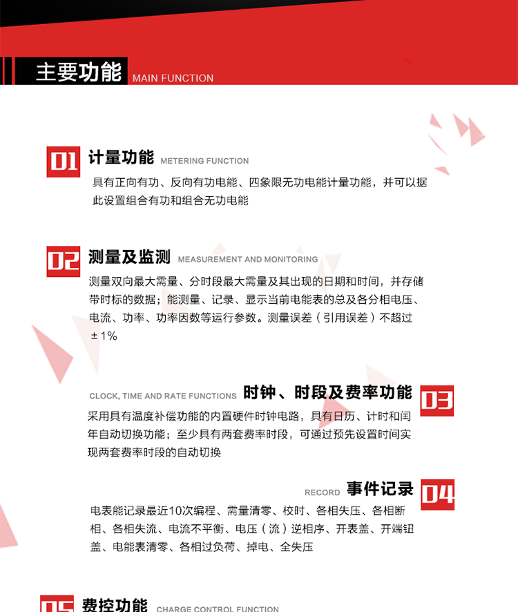 主要功能
1. 　電能計(jì)量
具有正向有功、反向有功電能、四象限無功電能計(jì)量功能，并可以據(jù)此設(shè)置組合有功和組合無功電能。
2. 　需量計(jì)量
測量雙向最大需量、分時(shí)段最大需量及其出現(xiàn)的日期和時(shí)間，并存儲(chǔ)帶時(shí)標(biāo)的數(shù)據(jù)。
3. 　測量及監(jiān)測
能測量、記錄、顯示當(dāng)前電能表的總及各分相電壓、電流、功率、功率因數(shù)等運(yùn)行參數(shù)。測量誤差（引用誤差）不超過±1%。
4. 　時(shí)鐘、時(shí)段及費(fèi)率功能
采用具有溫度補(bǔ)償功能的內(nèi)置硬件時(shí)鐘電路，具有日歷、計(jì)時(shí)和閏年自動(dòng)切換功能。內(nèi)部時(shí)鐘端子輸出頻率為1Hz。至少具有兩套費(fèi)率時(shí)段，可通過預(yù)先設(shè)置時(shí)間實(shí)現(xiàn)兩套費(fèi)率時(shí)段的自動(dòng)切換。每套費(fèi)率時(shí)段全年至少可設(shè)置2個(gè)時(shí)區(qū)，24小時(shí)內(nèi)至少可以設(shè)置8個(gè)時(shí)段，時(shí)段最小間隔為15分鐘，并且時(shí)段間隔大于表內(nèi)設(shè)定的需量周期值，時(shí)段可跨越零點(diǎn)設(shè)置。
5. 　費(fèi)控功能 
電能表費(fèi)控功能的實(shí)現(xiàn)方式通過公網(wǎng)等虛擬介質(zhì)和遠(yuǎn)程售電系統(tǒng)實(shí)現(xiàn)。
6. 　無線通信
通過無線通信與主站通信。支持在安全認(rèn)證前提下，通過無線網(wǎng)絡(luò)信道修改費(fèi)率時(shí)段表及電價(jià)。
7. 　事件記錄
電表能記錄最近10次編程、需量清零、校時(shí)、各相失壓、各相斷相、各相失流、電流不平衡、電壓（流）逆相序、開表蓋、開端鈕蓋、電能表清零、各相過負(fù)荷、掉電、全失壓。
8. 　凍結(jié)
具有定時(shí)凍結(jié)、瞬時(shí)凍結(jié)、約定凍結(jié)和日凍結(jié)功能。
9.　 負(fù)荷記錄
記錄正反向有功總電能、無功總電能、四象限無功總電能、組合有功、組合無功1、組合無功2，負(fù)荷記錄間隔時(shí)間可以在1～60min范圍內(nèi)設(shè)置，時(shí)間間隔為1min的情況下可記錄不少于40天的數(shù)據(jù)容量。
10. 　停電抄表
在停電狀態(tài)下，能通過按鍵或非接觸方式喚醒電能表，抄讀電能量等數(shù)據(jù)。
11. 擴(kuò)展功能
計(jì)量視在電能、諧波電壓、電流、電量的監(jiān)測、電能質(zhì)量監(jiān)測和計(jì)算鐵損、銅損。 