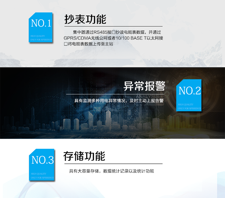 產(chǎn)品特點(diǎn)
DJG(C,E)L33-DF6203型集中器采用高速嵌入式微處理器系統(tǒng)，模塊化設(shè)計(jì)，包括處理模塊、通信模塊，電源模塊、顯示模塊以及其他外圍硬件接□電路。
電源模塊為其它模塊提供所需的直流電源，并實(shí)現(xiàn)交流信號(hào)輸入到直流工作模塊的電氣隔離，保證各個(gè)模塊的安全工作；處理模塊是設(shè)備的核心部分，采用功能強(qiáng)大、抗干擾能力好的ARM工業(yè)級(jí)處理器芯片；集中器通過(guò)RS485接□抄讀電能表數(shù)據(jù)，并通過(guò)GPRS/CDMA無(wú)線公網(wǎng)或者10/100 Base T以太網(wǎng)接□將電能表數(shù)據(jù)上傳至主站。