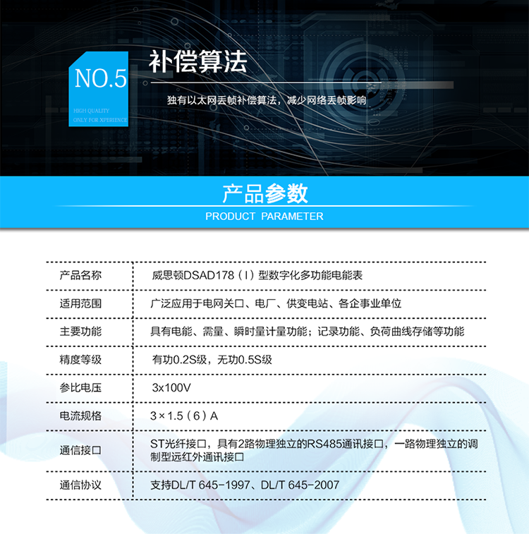 技術(shù)指標
技術(shù)參數(shù)項目	項目內(nèi)容
技術(shù)標準	GB/T 17215.322-2008  GB/T 17215.323-2008  DL/T 614-2007
Q/GDW 357-2009  Q/GDW 358-2009
通訊接口	與過程層通訊接口（可根據(jù)用戶要求定制）：
ST光纖接口，多模，波長1300nm，100Mbps
 	與站控層或電量采集器通訊接口：
具有2路物理獨立的RS485通訊接口。
 	本地維護通訊接口：
具有一路物理獨立的調(diào)制型遠紅外通訊接口。
通訊協(xié)議	與過程層通訊協(xié)議：
支持IEC61850-9-1、IEC61850-9-2、IEC61850-9-2LE、GMRP標準
 	與站控層或電量采集器通訊協(xié)議：
支持DL/T 645-1997、DL/T 645-2007
 	本地維護通訊協(xié)議：
支持DL/T 645-2007
工作電源	雙路冗余外接電源供電，可任意接入一路或同時接入兩路。
兩路電源均為交直流自適應(yīng)，電源輸入范圍為85V～265V。
采樣速率	支持4～12.8kHz采樣
整機功耗	<10VA
工作溫度	-25℃～+55℃
相對濕度	≤95%(無凝露)
時鐘誤差	≤0.5s/d（23℃）
負荷曲線存儲容量	4Mbytes