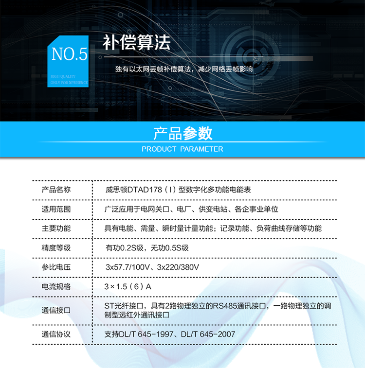 技術(shù)指標
技術(shù)參數(shù)項目	項目內(nèi)容
技術(shù)標準	GB/T 17215.322-2008  GB/T 17215.323-2008  DL/T 614-2007
Q/GDW 357-2009  Q/GDW 358-2009
通訊接口	與過程層通訊接口（可根據(jù)用戶要求定制）：
ST光纖接口，多模，波長1300nm，100Mbps
 	與站控層或電量采集器通訊接口：
具有2路物理獨立的RS485通訊接口。
 	本地維護通訊接口：
具有一路物理獨立的調(diào)制型遠紅外通訊接口。
通訊協(xié)議	與過程層通訊協(xié)議：
支持IEC61850-9-1、IEC61850-9-2、IEC61850-9-2LE、GMRP標準
 	與站控層或電量采集器通訊協(xié)議：
支持DL/T 645-1997、DL/T 645-2007
 	本地維護通訊協(xié)議：
支持DL/T 645-2007
工作電源	雙路冗余外接電源供電，可任意接入一路或同時接入兩路。
兩路電源均為交直流自適應，電源輸入范圍為85V～265V。
采樣速率	支持4～12.8kHz采樣
整機功耗	<10VA
工作溫度	-25℃～+55℃
相對濕度	≤95%(無凝露)
時鐘誤差	≤0.5s/d（23℃）
負荷曲線存儲容量	4Mbytes