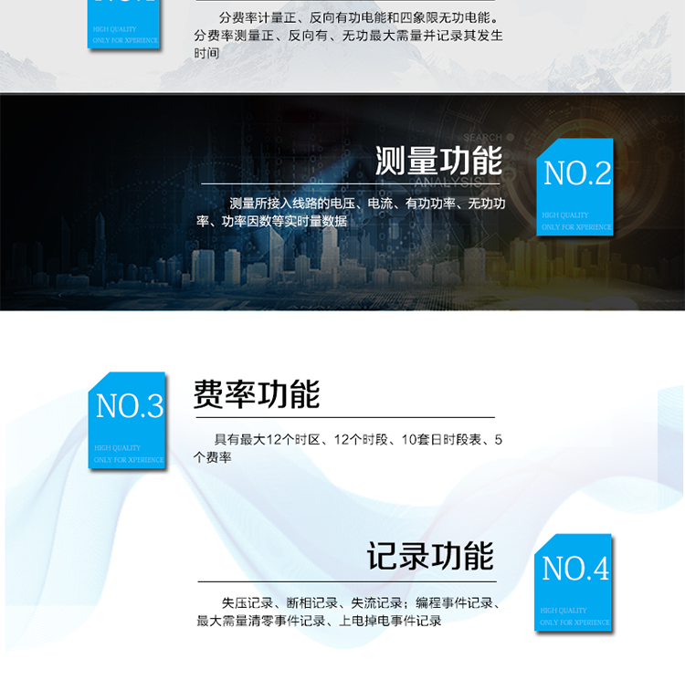 主要功能
電能計量功能
具有正、反向有功, 無功四象限電能計量功能；
具有分時計量功能；具有計量分相有功電能量功能。
需量測量功能
有功需量測量、無功需量測量、結(jié)算日需量
實時量測量功能
測量、記錄、顯示當(dāng)前電能表的總及各分相電壓、電流、功率、功率因數(shù)、頻率、表內(nèi)溫度等運行參數(shù)。
提供越限監(jiān)測功能。
時鐘功能
采用具有溫度補償功能的內(nèi)置硬件時鐘電路，具有日歷、計時和閏年自動切換功能。
費率、時段功能
事件記錄功能
凍結(jié)功能
定時凍結(jié)、瞬時凍結(jié)、約定凍結(jié)、日凍結(jié)、整點凍結(jié)
負荷記錄功能
電壓合格率統(tǒng)計功能
可記錄12個月的電壓統(tǒng)計數(shù)據(jù)。
報警功能
光報警、聲報警、LCD顯示報警
安全防護功能
密碼防護、編程開關(guān)防護
通訊功能
至少具有一個紅外通信接口、兩個RS485通信接口。
校時功能
可通過RS485、紅外等通信接口對電能表校時。
電表清零功能
停電抄表功能
在停電狀態(tài)下，能通過按鍵或非接觸方式喚醒電能表，實現(xiàn)屏幕顯示抄讀電量和紅外通信口抄讀到當(dāng)前電量和最近一次結(jié)算電量等數(shù)據(jù)。
輔助電源*（可選項）
保電功能*（可選項）
遠程保電功能、自保電功能