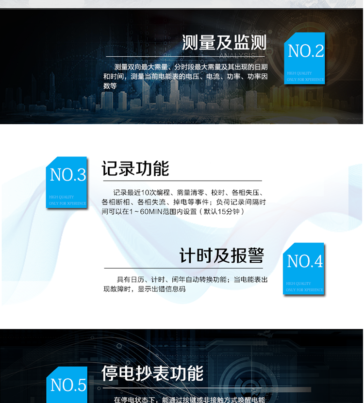 產(chǎn)品特點(diǎn)
采用專利技術(shù)開關(guān)電源供電，寬電壓工作范圍
采用獨(dú)有的抗浪涌措施，防雷性能強(qiáng)
功耗低，整機(jī)功耗<=1W、2VA，溫升低，整機(jī)壽命長
抗過壓能力強(qiáng)，避免接錯線或弄錯電壓等級而損壞電表，且能支持高過載倍數(shù)
板間無接插件，連接可靠；主機(jī)經(jīng)過三防處理，能適應(yīng)復(fù)雜氣候，提高了整機(jī)壽命和平均無故障工作時間
采用雙物理器件存儲參數(shù)、計(jì)費(fèi)電能數(shù)據(jù)；每個物理器件內(nèi)數(shù)據(jù)保存三份，確保在強(qiáng)干擾環(huán)境中參數(shù)和計(jì)費(fèi)數(shù)據(jù)完整、可靠
接口功能豐富：可提供雙路RS485接口，雙路負(fù)荷報警接口，四路電能脈沖輸出，一路時鐘脈沖輸出，停電抄表輸入
豐富的軟件模塊，功能擴(kuò)展方便，可擴(kuò)展電壓及功率因數(shù)合格率等電能質(zhì)量數(shù)據(jù)、可存儲半年以上的大容量負(fù)荷曲線數(shù)據(jù)等
采用模塊化設(shè)計(jì)，GPRS/CDMA模塊與計(jì)量模塊獨(dú)立，安裝方便，可后期擴(kuò)充
采用業(yè)內(nèi)先進(jìn)的GPRS/CDMA模塊，可快速安全的實(shí)現(xiàn)數(shù)據(jù)連接，永久在線
可以當(dāng)?shù)?遠(yuǎn)方修改參數(shù)，并且支持當(dāng)?shù)?遠(yuǎn)方軟件在線升級
支持GPRS、CSD、SMS、CDMA等通訊方式，并支持VPN虛擬專網(wǎng)及公網(wǎng)等多種組網(wǎng)模式
采用超級電容和鋰電池兩種停電后備方式，保證停電報警功能可靠
綜合防竊電功能：
    硬件方面：采用防竊電外殼，并有相應(yīng)的施封點(diǎn)，用電戶在不破壞鉛封的前提下，無法改動電壓電流線，也無法對編程按鍵操作來改動電表參數(shù)
    軟件方面：三級密碼防護(hù)
在線實(shí)時監(jiān)測，并通過用電異常信息的記錄及主動上傳（通過GPRS/CDMA網(wǎng)絡(luò)上傳失壓、斷相、掉電/上電、過壓等異常事件）進(jìn)行防竊電報警
電表自檢信息記錄及上報（硬件故障、時鐘故障、電池電壓低等）